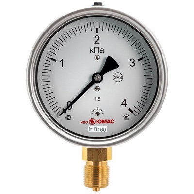 Тягомер радиальный ЮМАС ВП160Н (-16-0 кПа) М20х1.5 ДК160мм, класс точности 1.5, 8400380624