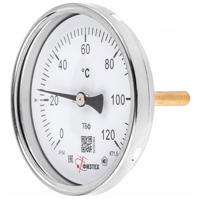 Термометр биметаллический осевой Физтех ТБф-120 (0…160°C) ДК100мм, класс точности 1,5 с медной гильзой ГЗЛ-РТ A2.0*14 U46*9/1, 4687205455321