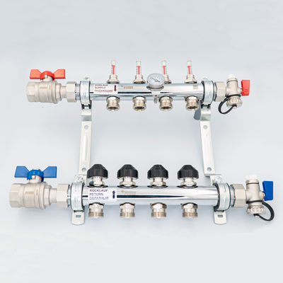 Коллекторная группа для тёплого пола с расходомерами и кранами, сталь нержавеющая, Рехау HKV-D