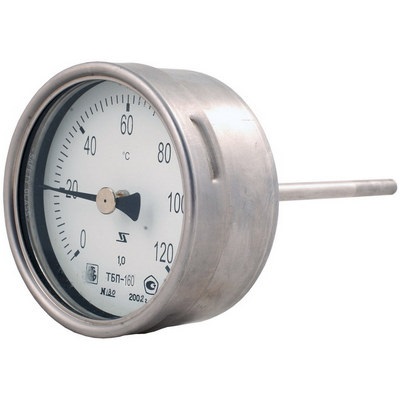 Термометр биметаллический коррозионностойкий осевой ЮМАС ТБП160 (0…160°C) ДК160 мм L=60 мм, класс точности 1.5, без гильзы, 8400381813