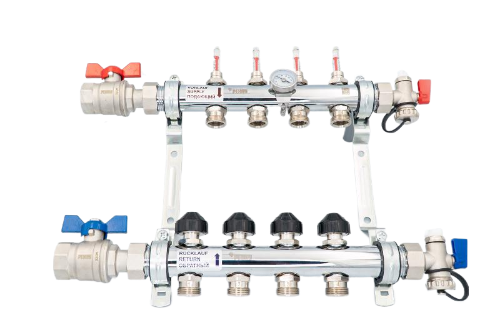 Коллекторная группа для тёплого пола с расходомерами и кранами, сталь нержавеющая, Рехау HKV-D