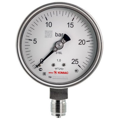 Манометр радиальный ЮМАС МП250НН (0-1.6 МПа) М20х1.5 ДК250мм, класс точности 1.0, нержавеющий корпус с байонетным кольцом, 8400380529