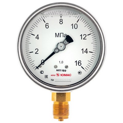 Манометр радиальный ЮМАС МП160Н (0-0.1 МПа) М20х1.5 ДК160мм, класс точности 1.0, нержавеющий корпус с байонетным кольцом, 8400380319