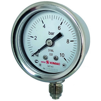 Мановакуумметр радиальный ЮМАС МВП40НЛН (-0.1-0.06 МПа) М10х1.0 ДК40мм, класс точности 2.5, завальцованный корпус, 8400380357