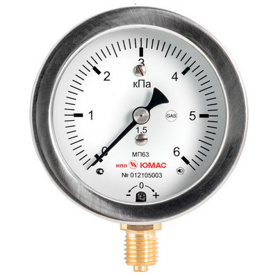 Напоромер радиальный ЮМАС МП63Н (0-4 кПа) М12х1.5 ДК63мм, класс точности 1.5, 8400380550